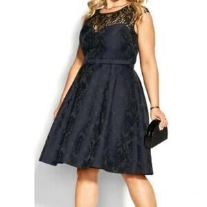 City Chic Ornate Fit & Flare Navy Blue & Black Lace  Party dress Plus XXL 24 new